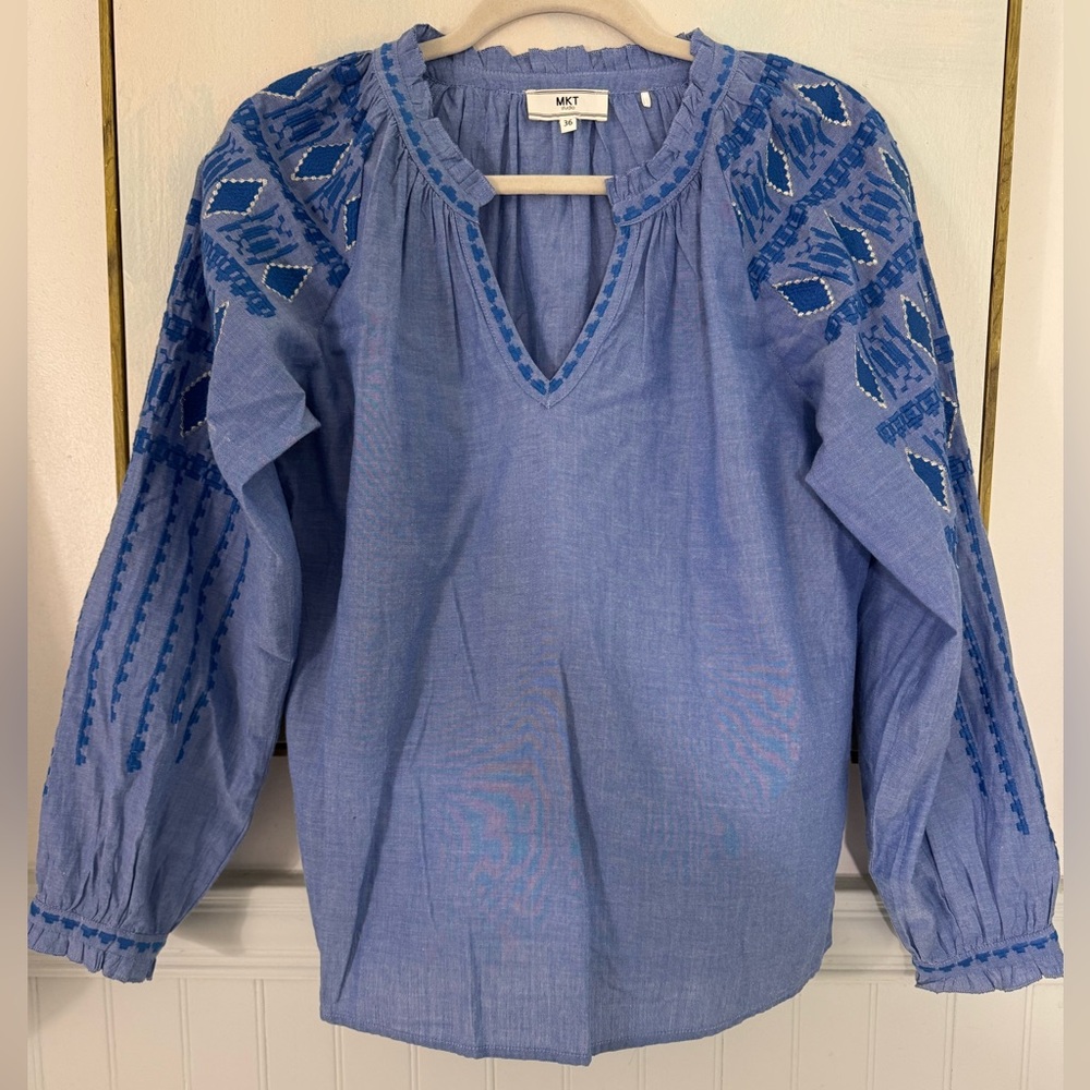 MKT Studio Blue Diamond Embroidered Peasant Blouse Size 36